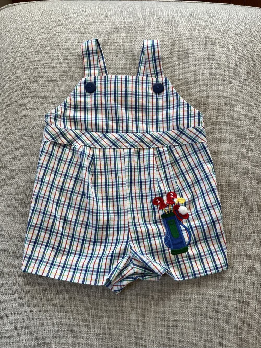 Vintage Boys Shortall Size 18 Months Plaid Golf Club Appliqué 100% Cotton Romper